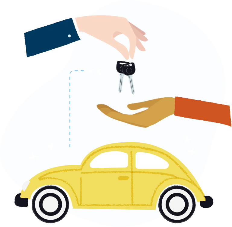 Illustration of a yellow car with one hand giving keys to another hand